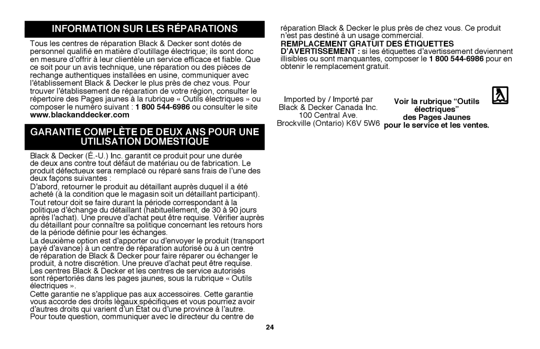 Black & Decker LGC120 Information sur les réparations, Garantie complète de deux ans pour une utilisation domestique 
