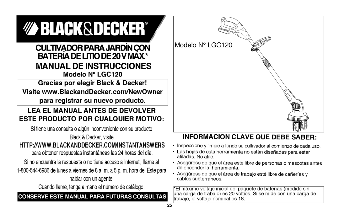 Black & Decker LGC120B Manual De Instrucciones, Modelo N LGC120, Gracias por elegir Black & Decker, BATERÍADELITIODE20VMÁX 