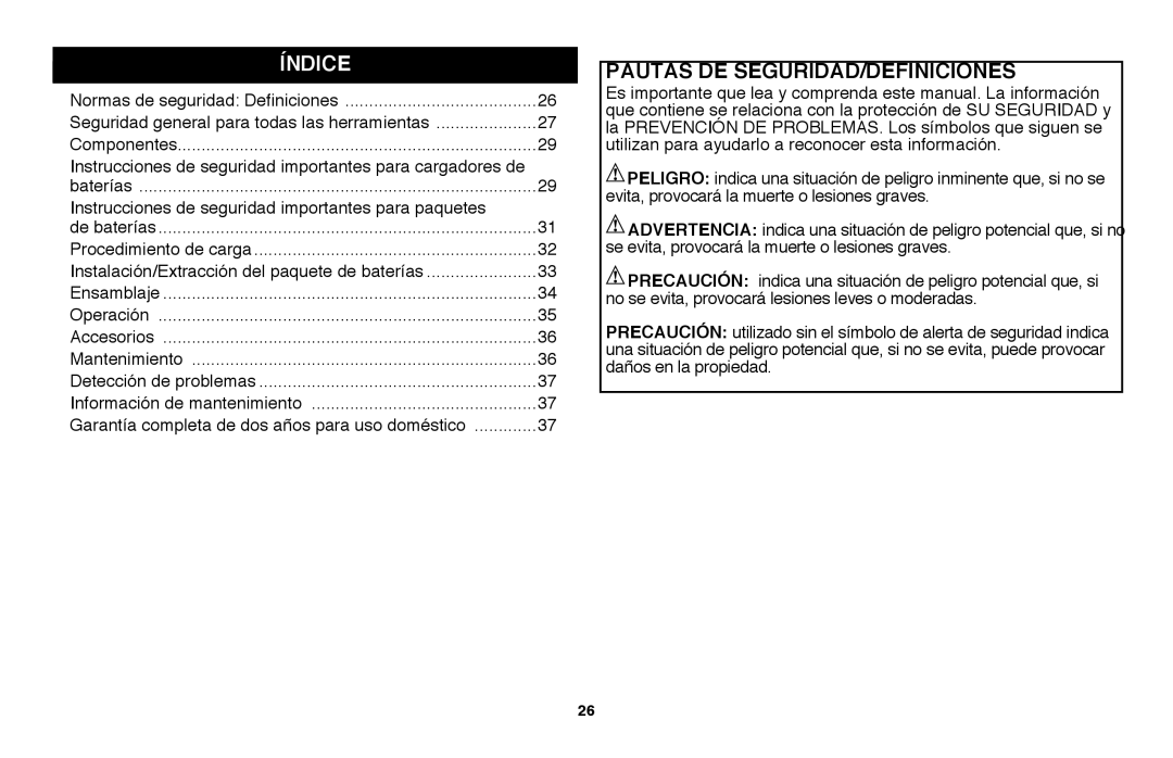 Black & Decker LGC120B instruction manual Índice, Pautas De Seguridad/Definiciones 
