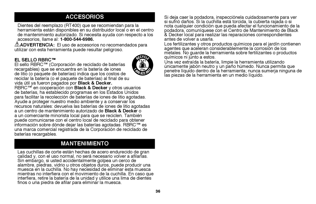 Black & Decker LGC120B instruction manual Accesorios, mantenimiento, El sello RBRC 