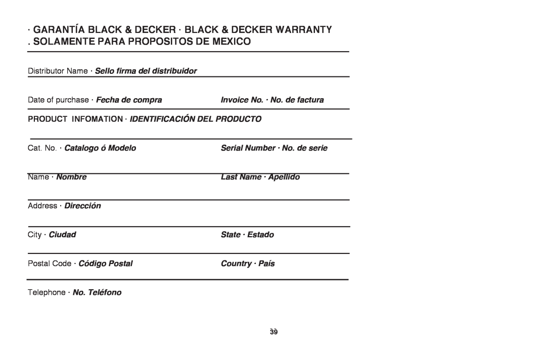 Black & Decker LGC120B · Garantía Black & Decker · Black & Decker Warranty, Solamente Para Propositos De Mexico 