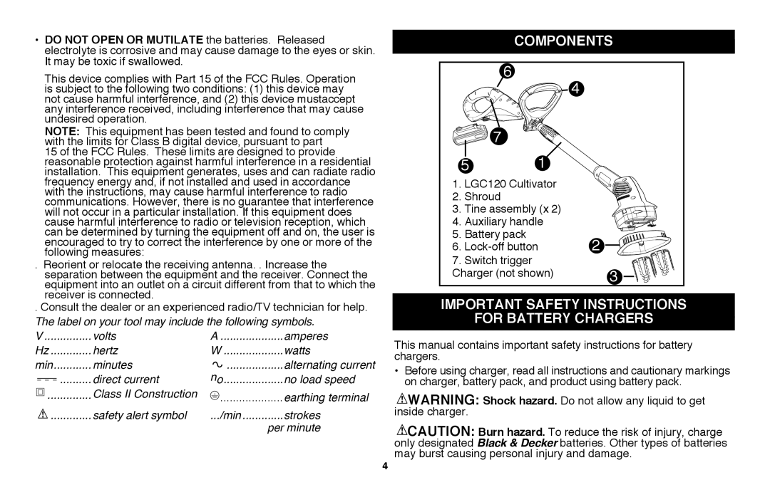 Black & Decker LGC120B instruction manual components, important safety instructions for battery chargers 