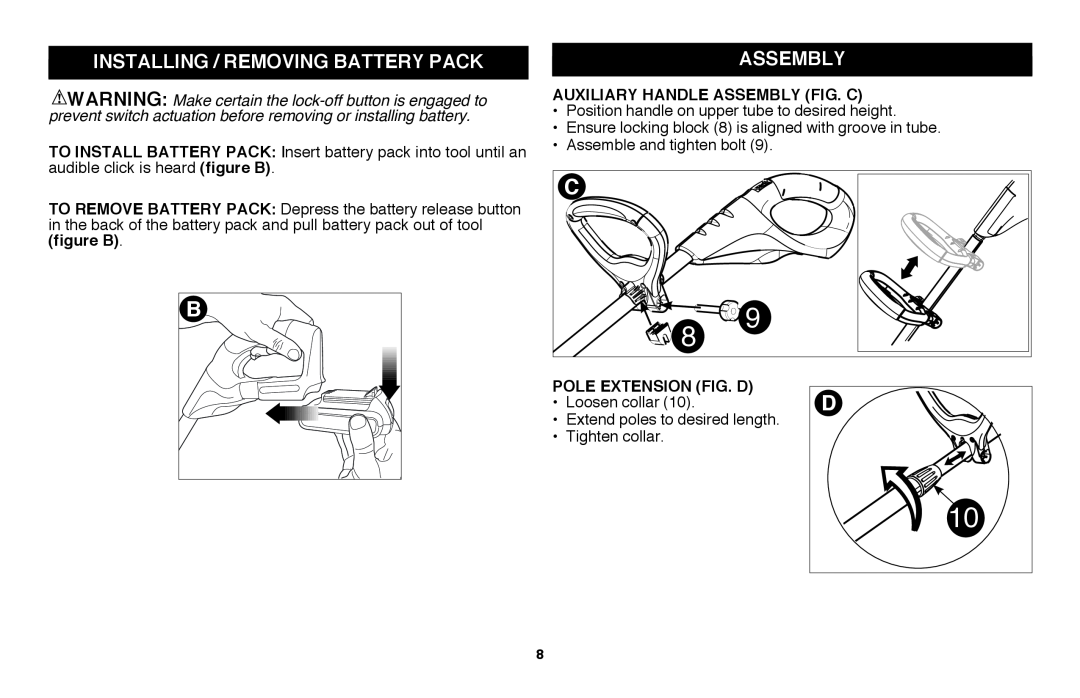Black & Decker LGC120B instruction manual Installing / Removing Battery Pack, assembly, Auxiliary Handle Assembly Fig. C 