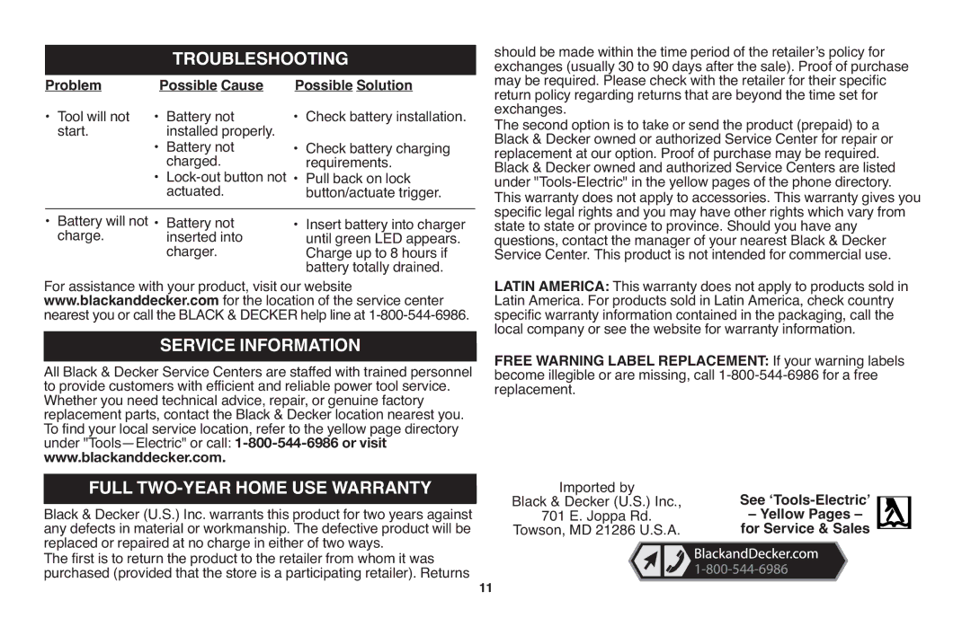 Black & Decker LGC120 instruction manual Troubleshooting, Service Information 