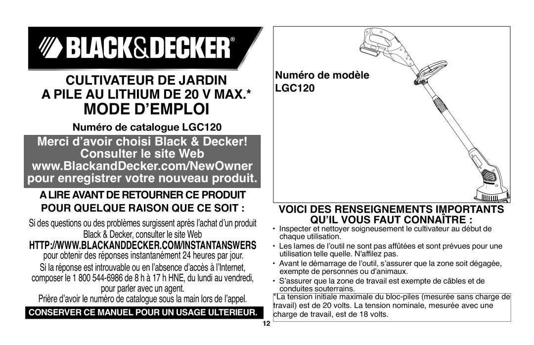 Black & Decker LGC120 instruction manual Mode DʼEMPLOI 