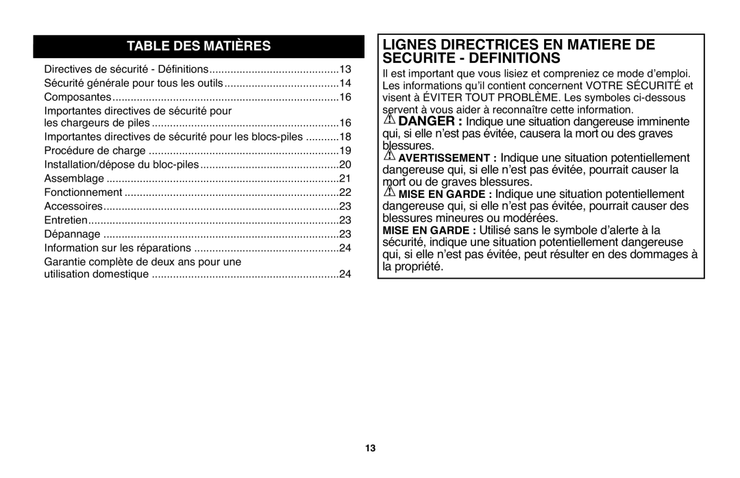 Black & Decker LGC120 instruction manual Table DES Matières, Avertissement 