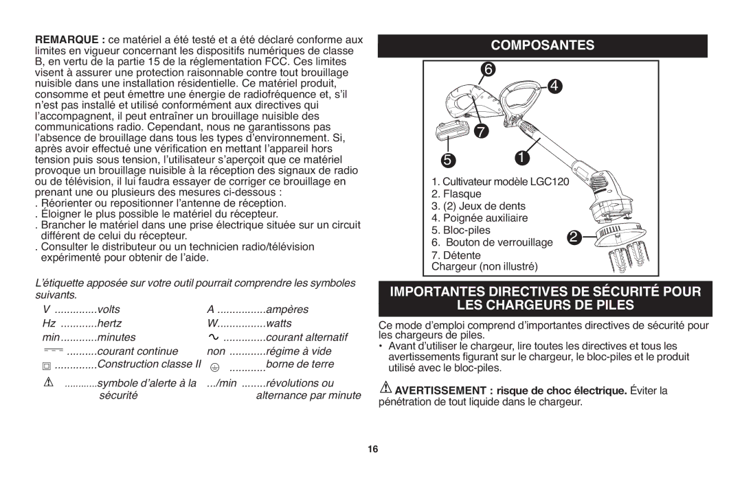 Black & Decker LGC120 6COMPOSANTES, LES Chargeurs DE Piles, Avertissement risque de choc électrique. Éviter la 