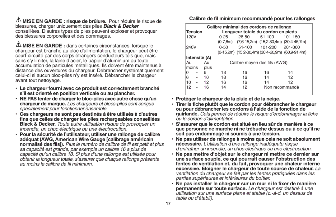 Black & Decker LGC120 Calibre de fil minimum recommandé pour les rallonges, Soit pas endommagé ni soumis à une tension 