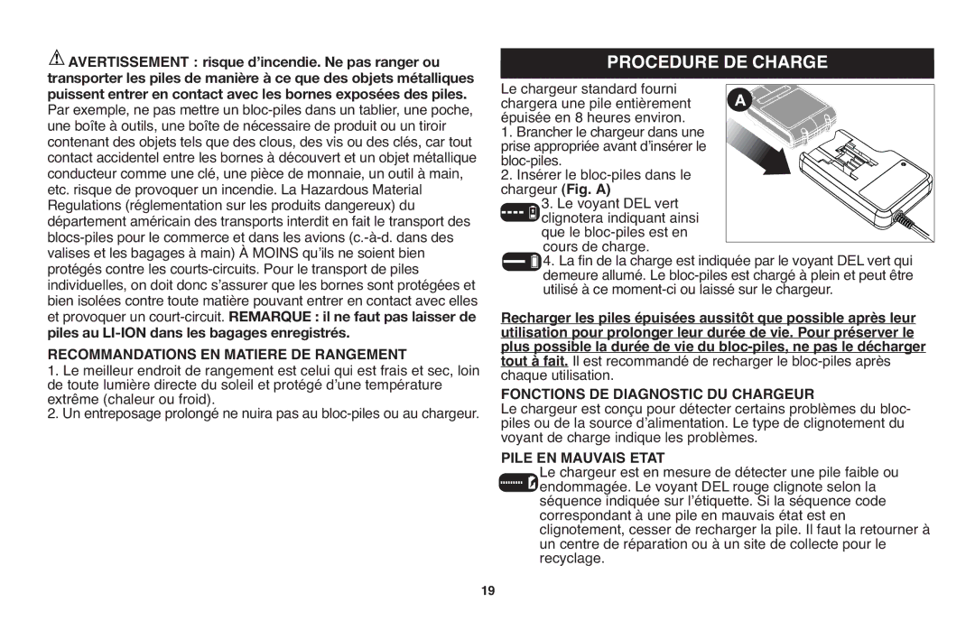 Black & Decker LGC120 instruction manual Fonctions DE Diagnostic DU Chargeur, Pile EN Mauvais Etat 