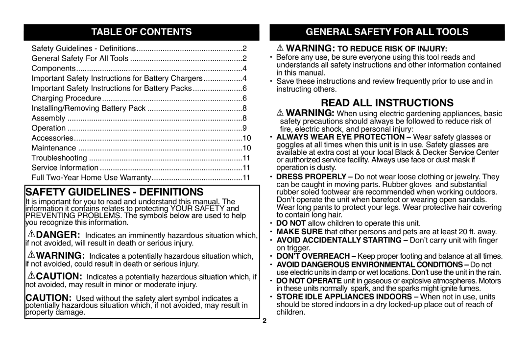 Black & Decker LGC120 instruction manual Safety Guidelines Definitions, Table of Contents 