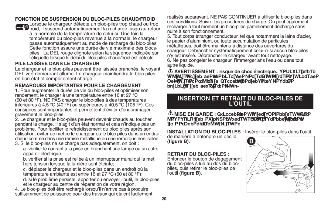 Black & Decker LGC120 instruction manual Fonction DE Suspension DU BLOC-PILES CHAUD/FROID, Pile Laissee Dans LE Chargeur 