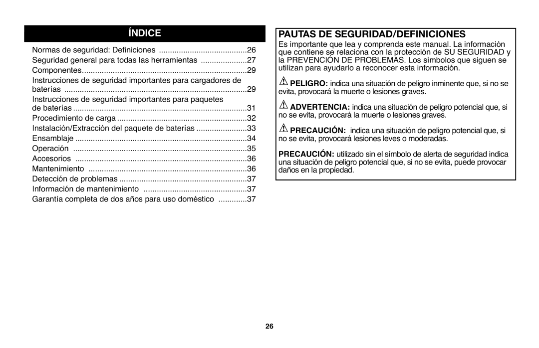 Black & Decker LGC120 instruction manual Índice, Normas de seguridad Definiciones, Componentes 