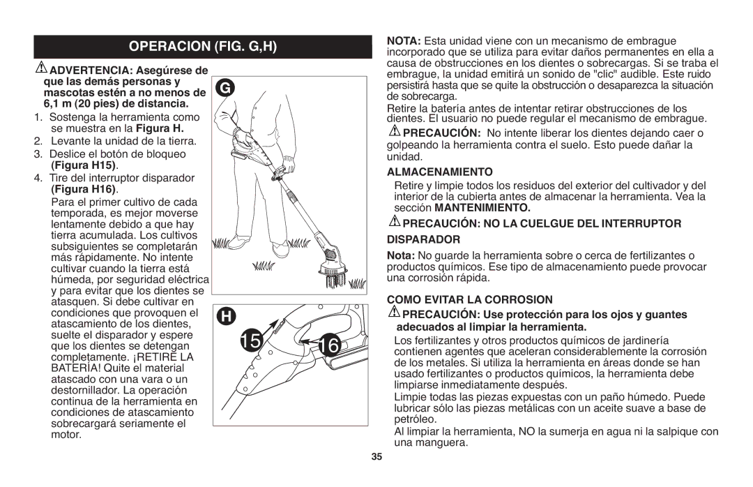 Black & Decker LGC120 Operacion FIG. G,H, Tire del interruptor disparador, Almacenamiento, Como Evitar LA Corrosion 