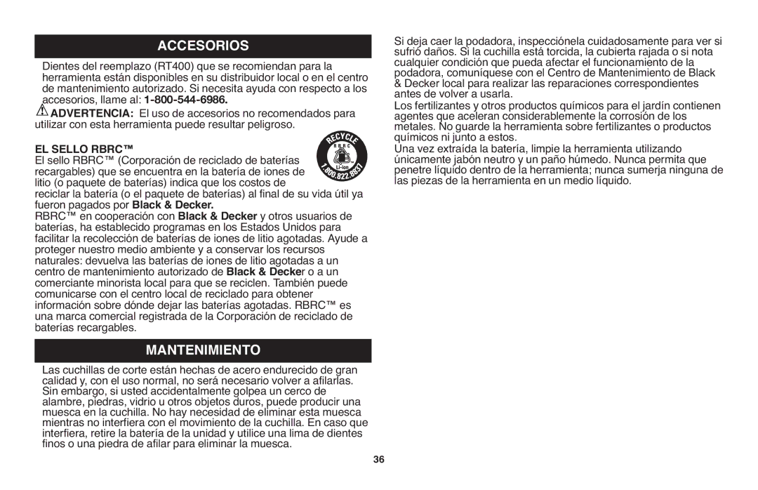 Black & Decker LGC120 instruction manual Accesorios, Dientes del reemplazo RT400 que se recomiendan para la, EL Sello Rbrc 