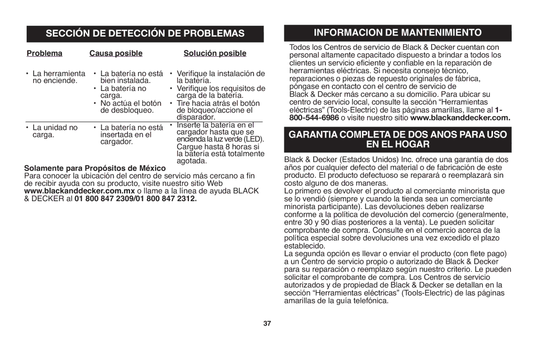 Black & Decker LGC120 Garantia Completade DOS Anos Parauso EN EL Hogar, Problema Causa posible Solución posible 