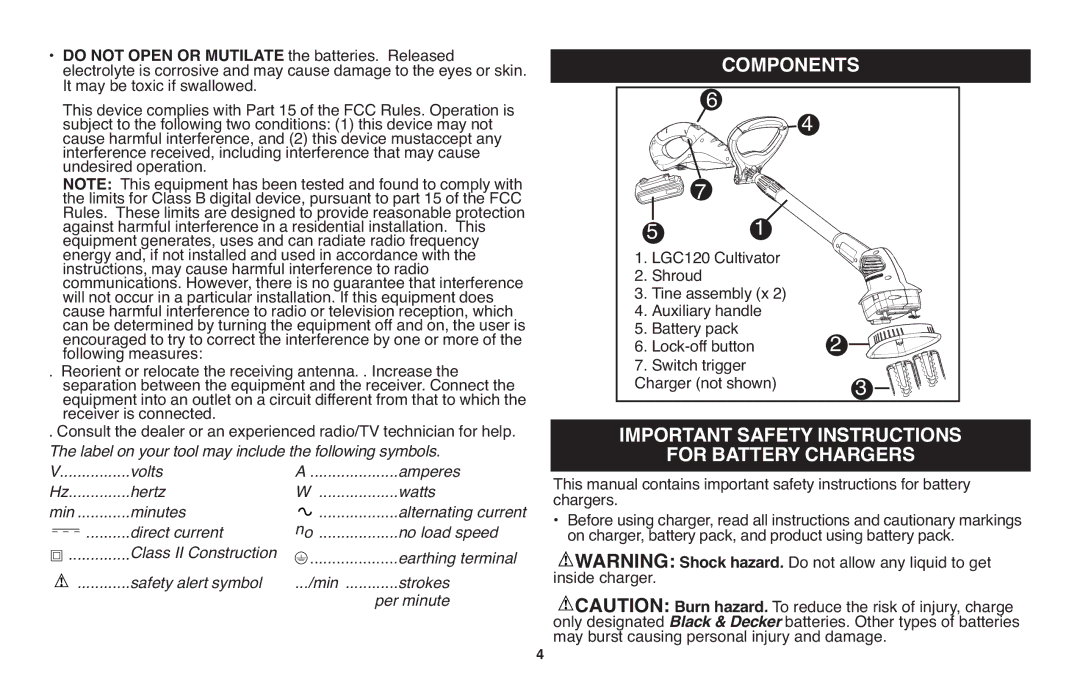 Black & Decker LGC120 instruction manual Components, Important Safety Instructions For Battery Chargers 