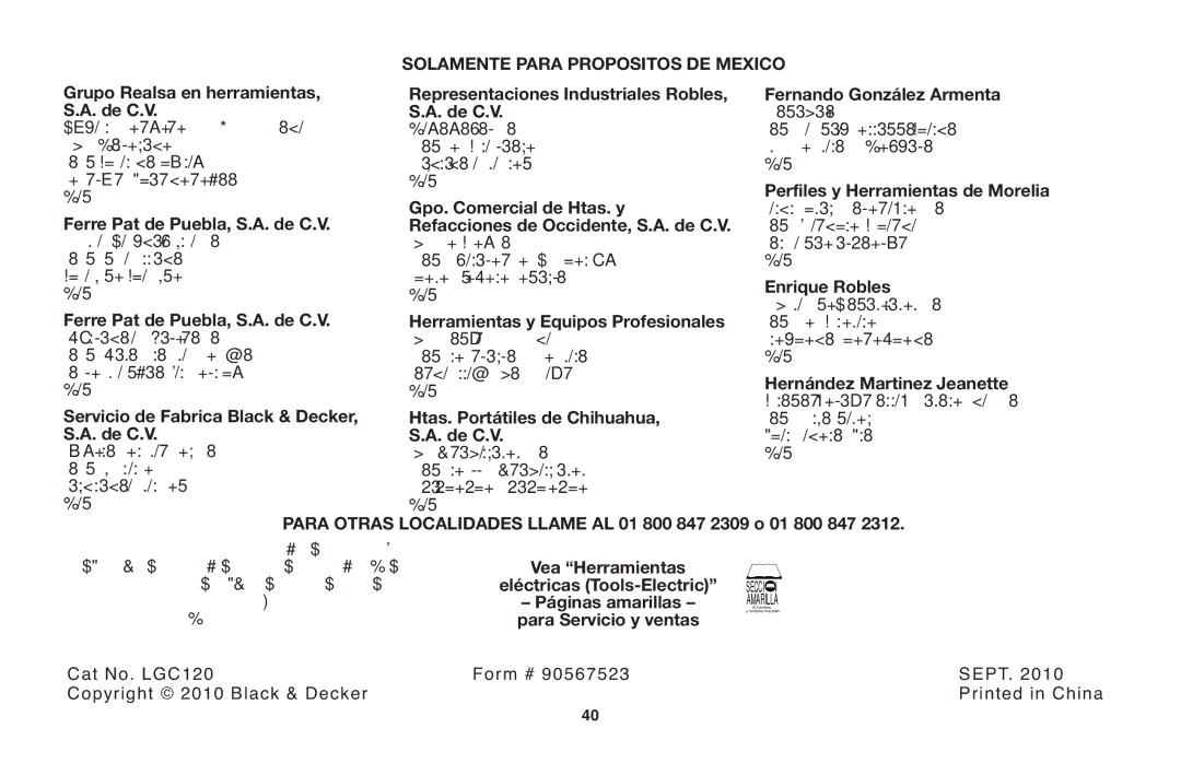 Black & Decker LGC120 instruction manual De C.V, Files y Herramientas de Morelia, Gpo. Comercial de Htas. y, Enrique R Bles 