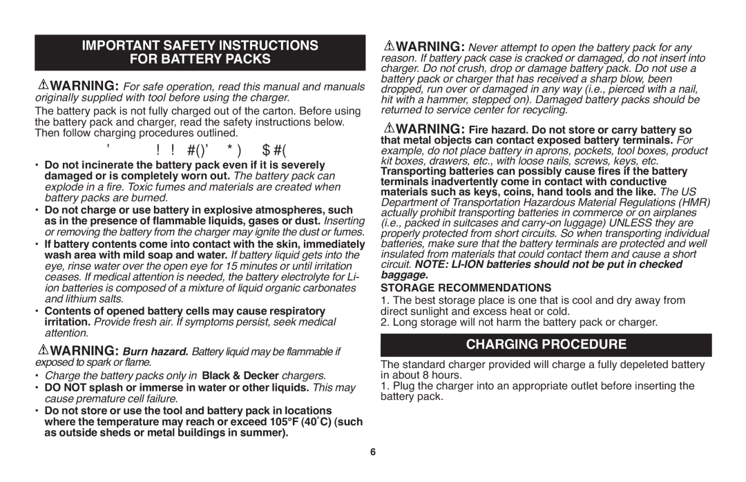 Black & Decker LGC120 instruction manual Important Safety Instructions, Charging Procedure, Storage Recommendations 