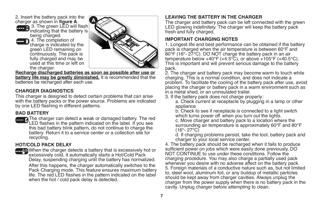 Black & Decker LGC120 Charger Diagnostics, BAD Battery, HOT/COLD Pack Delay, Leaving the Battery in the Charger 