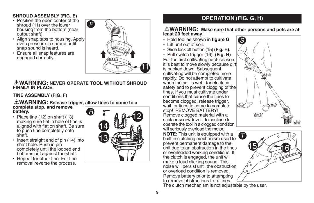 Black & Decker LGC120 Shroud Assembly FIG. E, Firmly in Place Tine Assembly FIG. F, Complete stop, and remove Battery 