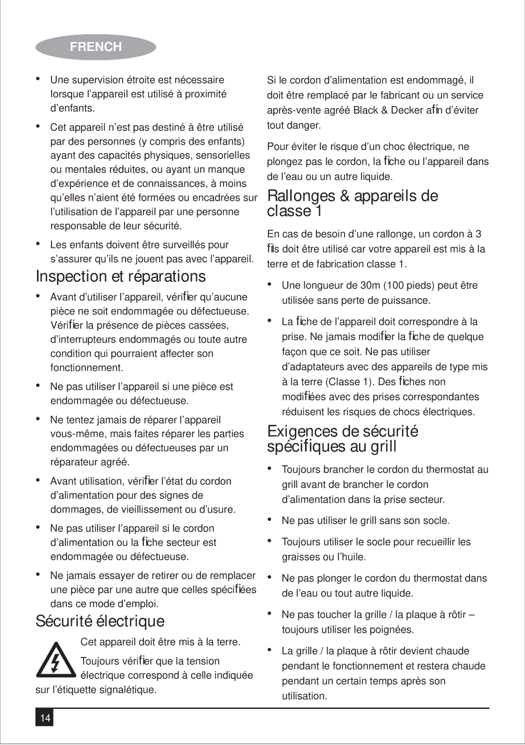 Black & Decker LGM70 manual Inspection et réparations, Sécurité électrique, Rallonges & appareils de classe 