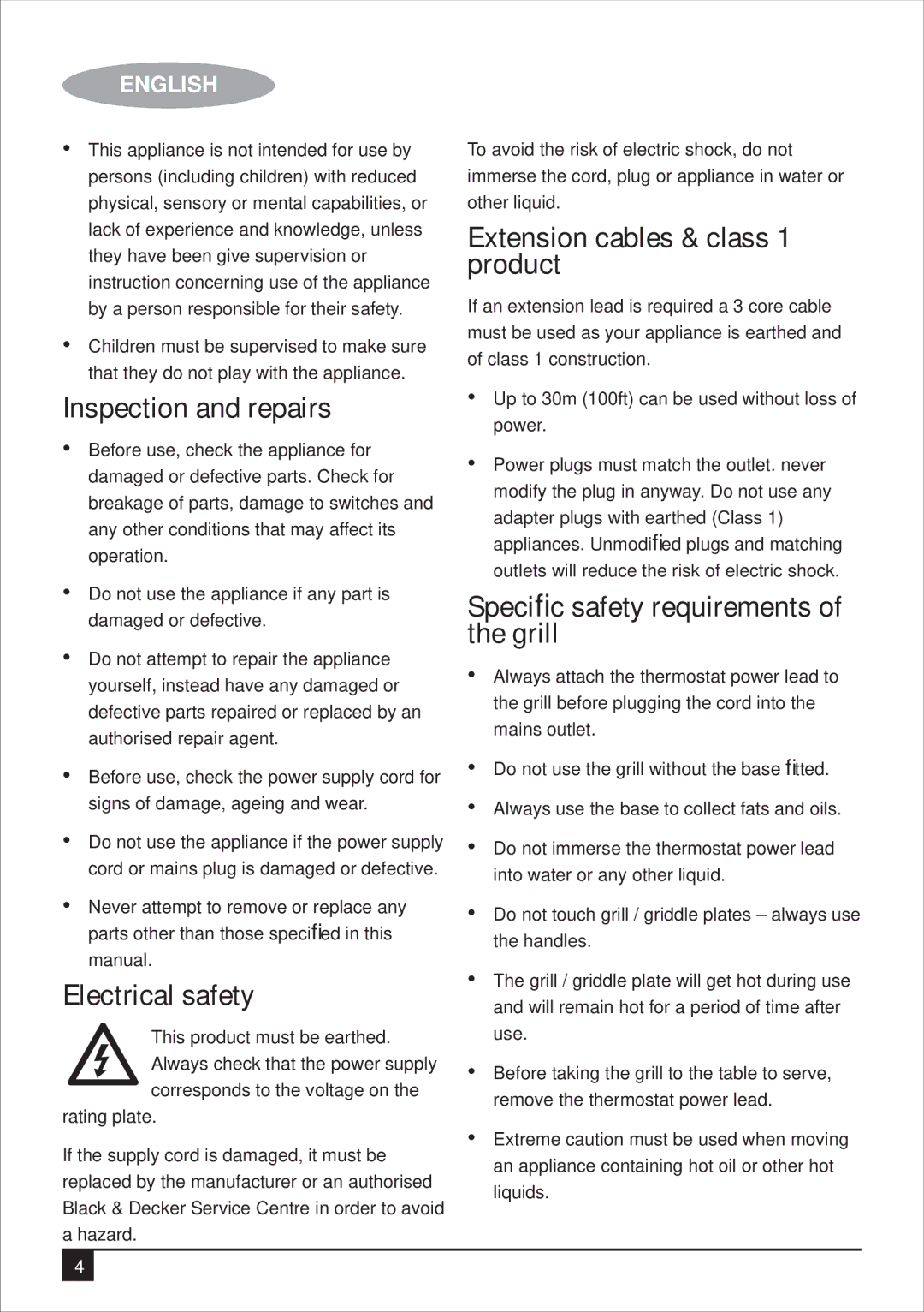 Black & Decker LGM70 manual Inspection and repairs, Electrical safety, Extension cables & class 1 product 