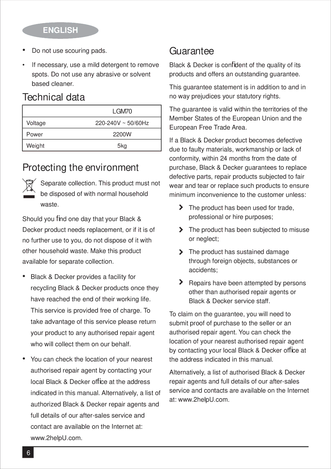 Black & Decker LGM70 manual Technical data, Protecting the environment, Guarantee 