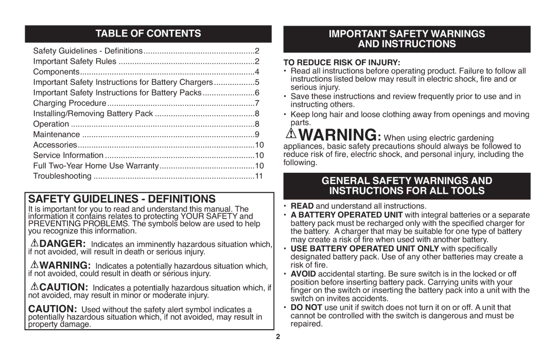 Black & Decker LHT120 Table of Contents, Important Safety Warnings Instructions, Instructions for ALL Tools 