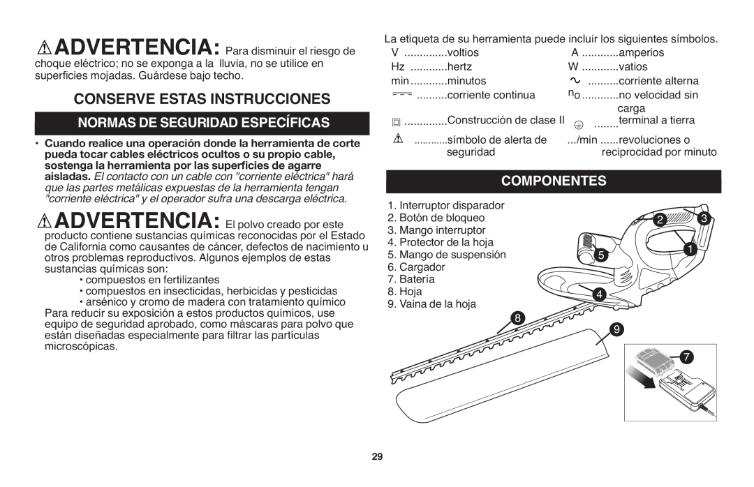 Black & Decker LHT120 instruction manual Componentes, Voltios Amperios Hertz Vatios Min Minutos, Corriente continua 