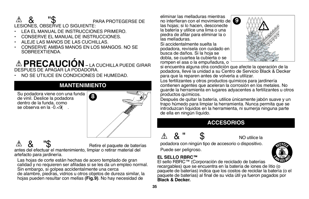 Black & Decker LHT120 instruction manual Mantenimiento, Accesorios, EL Sello Rbrc, 35Black & Decker 