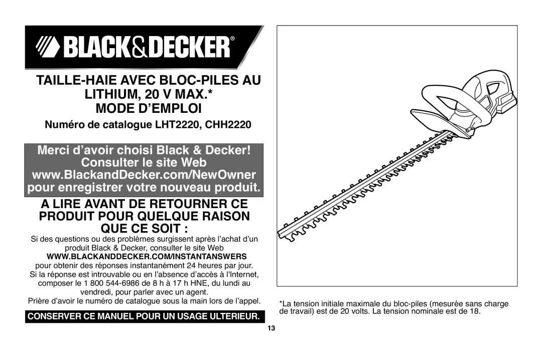 Black & Decker LHT2220 TAILLE-HAIE Avec BLOC-PILES AU LITHIUM, 20 V MAX, Produit Black & Decker, consulter le site Web 