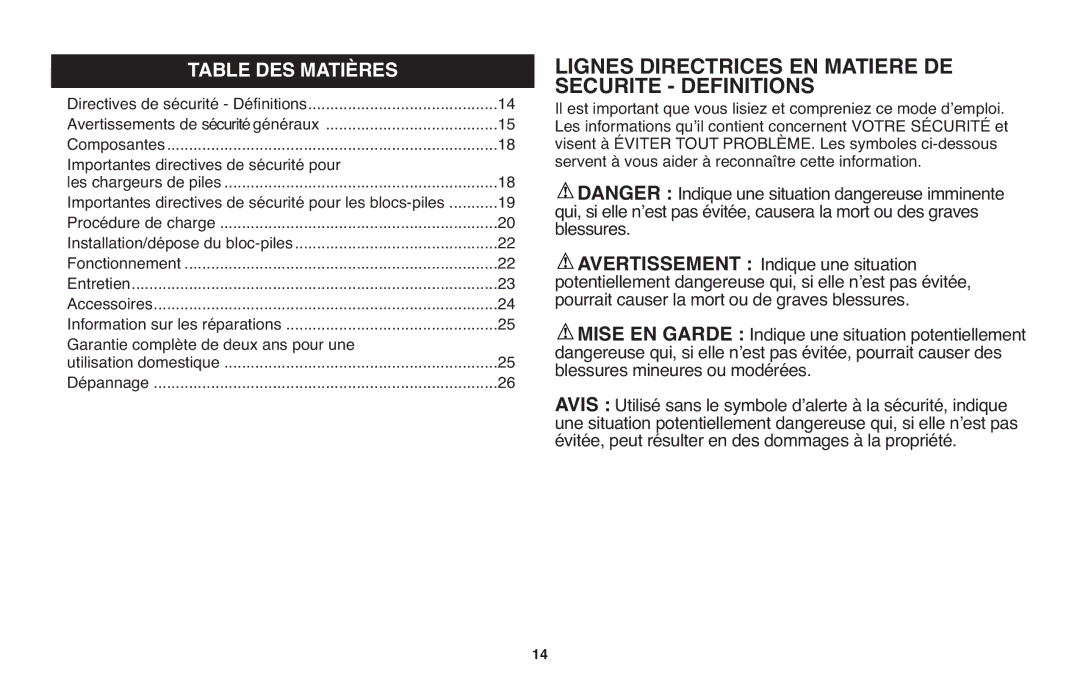 Black & Decker LHT2220 instruction manual Lignes Directrices EN Matiere DE Securite Definitions, Table DES Matières 