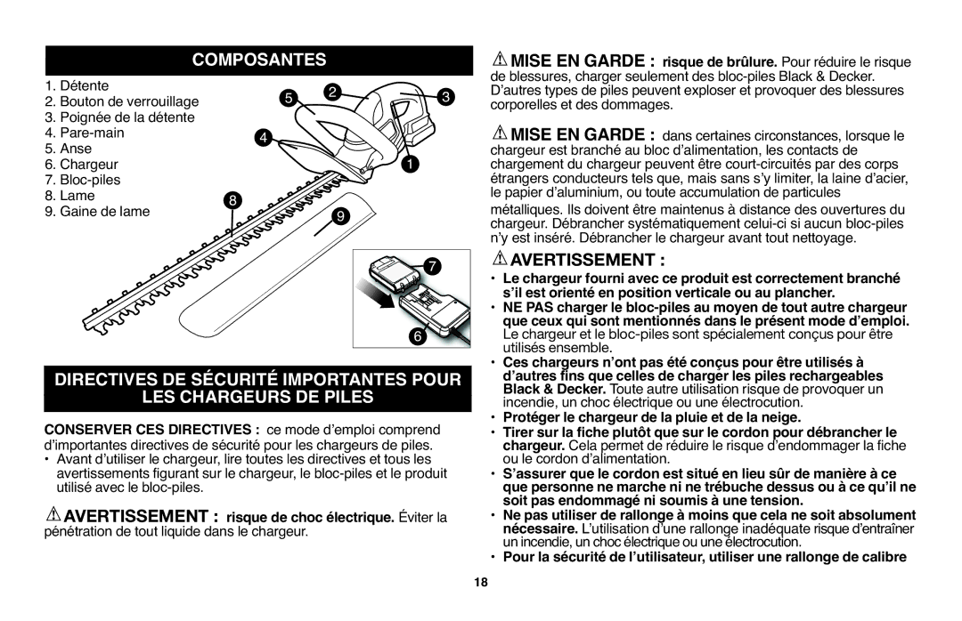 Black & Decker LHT2220 instruction manual Composantes, Risque de choc électrique. Éviter la 