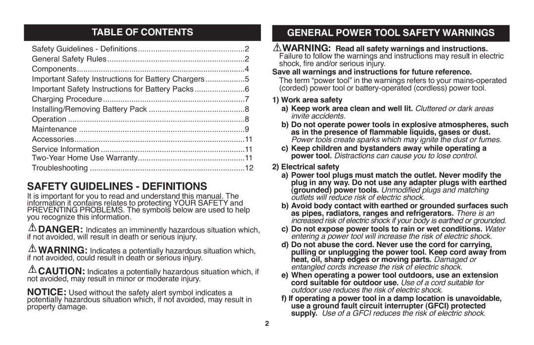 Black & Decker LHT2220 instruction manual Table of Contents, General Power Tool Safety Warnings 