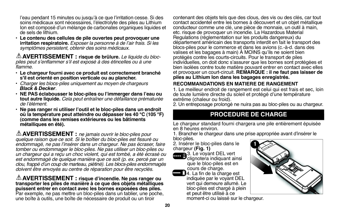 Black & Decker LHT2220 instruction manual Procedure DE Charge, Avertissement risque dʼincendie. Ne pas ranger ou 