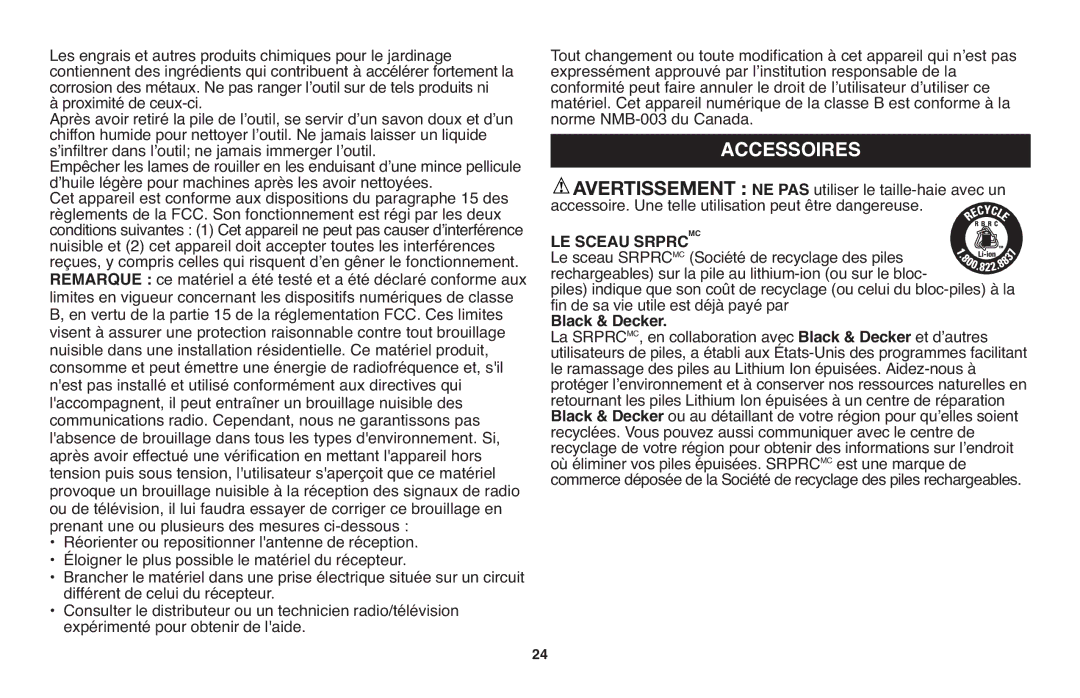 Black & Decker LHT2220 instruction manual Accessoires, NE PAS utiliser le taille-haie avec un, LE Sceau Srprcmc 