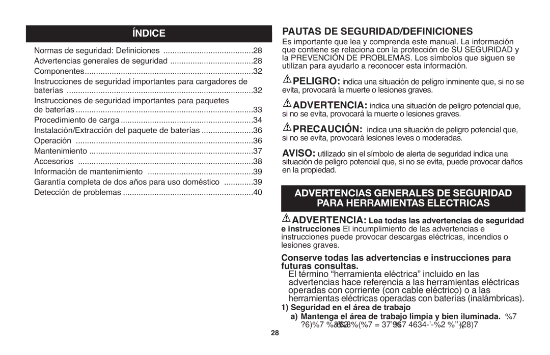 Black & Decker LHT2220 Índice, Advertencia Lea todas las advertencias de seguridad, Seguridad en el área de trabajo 