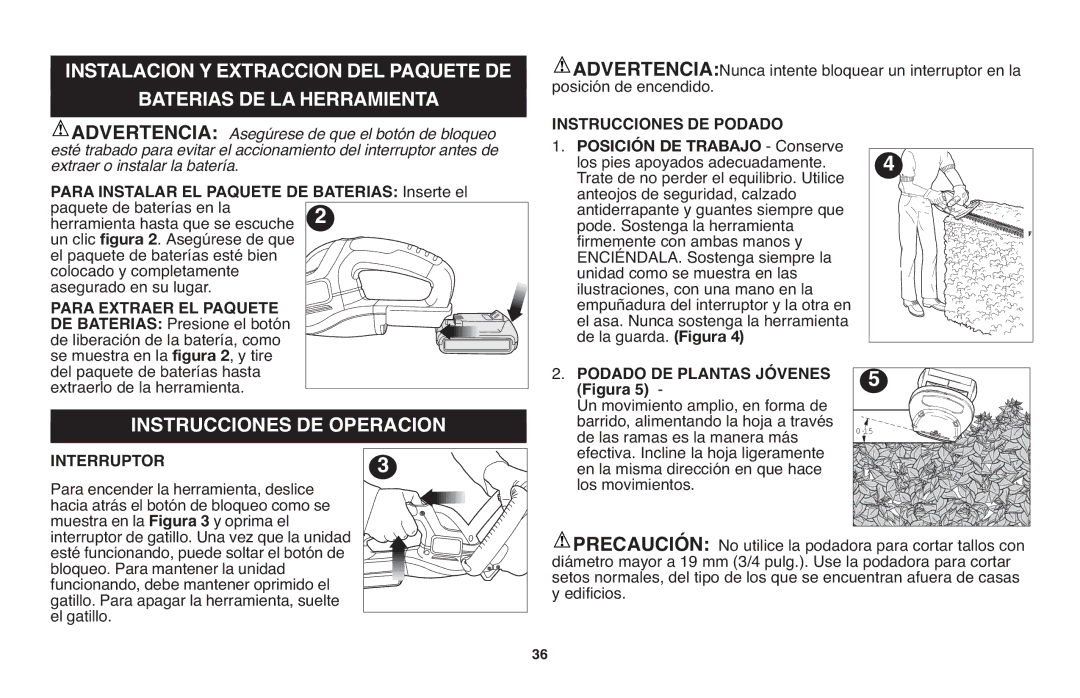 Black & Decker LHT2220 Para Instalar EL Paquete DE Baterias Inserte el, Instrucciones DE Podado, De la guarda. Figura 