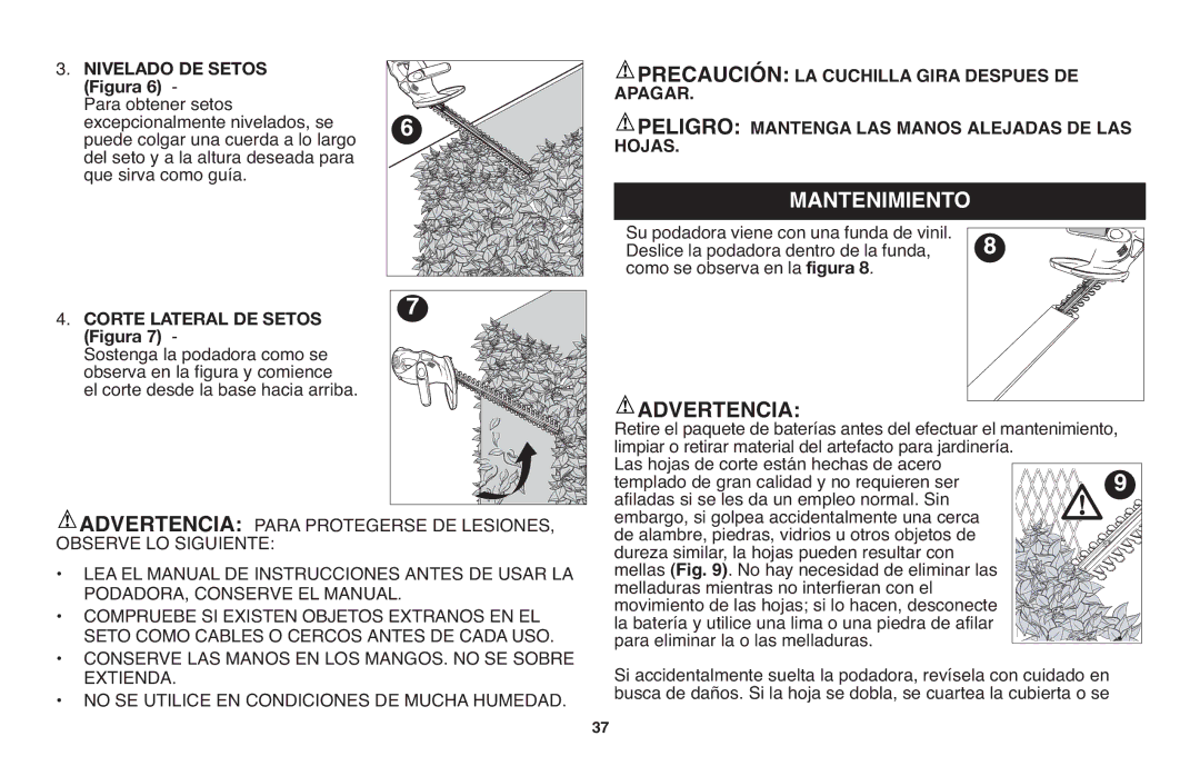 Black & Decker LHT2220 instruction manual Mantenimiento, Precaución LA Cuchilla Gira Despues DE, Hojas 