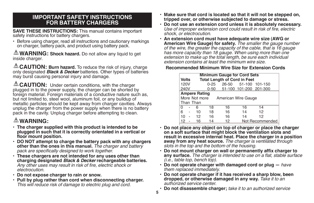 Black & Decker LHT2220 instruction manual Important Safety Instructions For Battery Chargers 