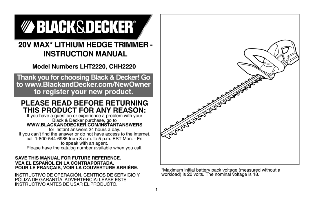 Black & Decker instruction manual Instructionmanual, 20V MAX* LITHIUM HEDGETRIMMER, Model Numbers LHT2220, CHH2220 