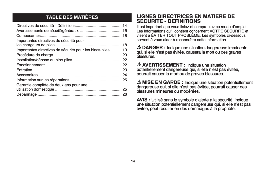 Black & Decker LHT2220 instruction manual Lignes Directrices En Matiere De Securite - Definitions, Table Des Matières 