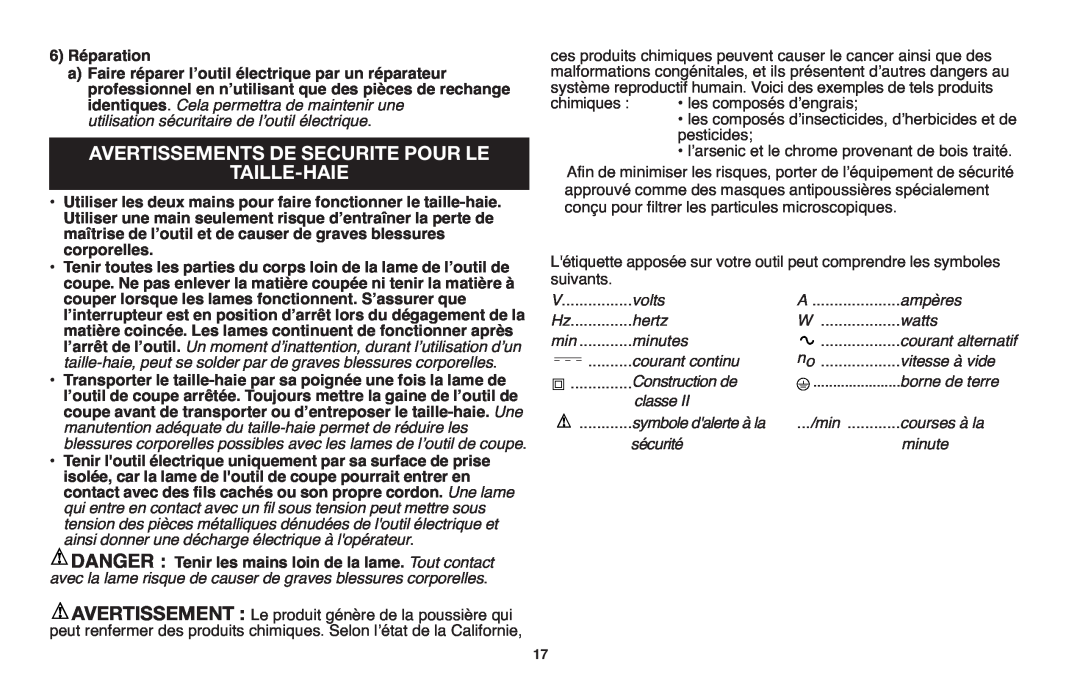 Black & Decker LHT2220 instruction manual Avertissements De Securite Pour Le Taille-Haie, 6 Réparation 