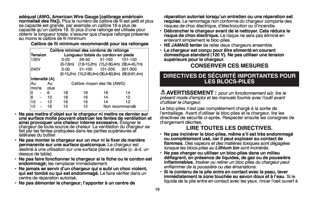 Black & Decker LHT2220 instruction manual Conserver Ces Mesures, Directives De Sécurité Importantes Pour Les Blocs-Piles 