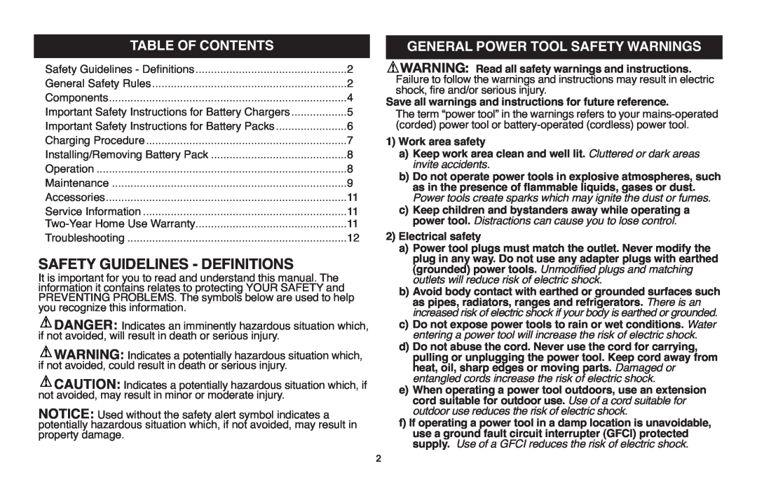 Black & Decker LHT2220 Safety Guidelines - Definitions, Table Of Contents, General Power Tool Safety Warnings 
