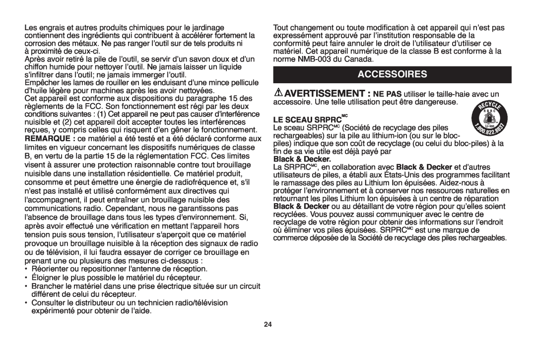 Black & Decker LHT2220 instruction manual Accessoires, Le Sceau Srprcmc, Black & Decker.Black & Decker 