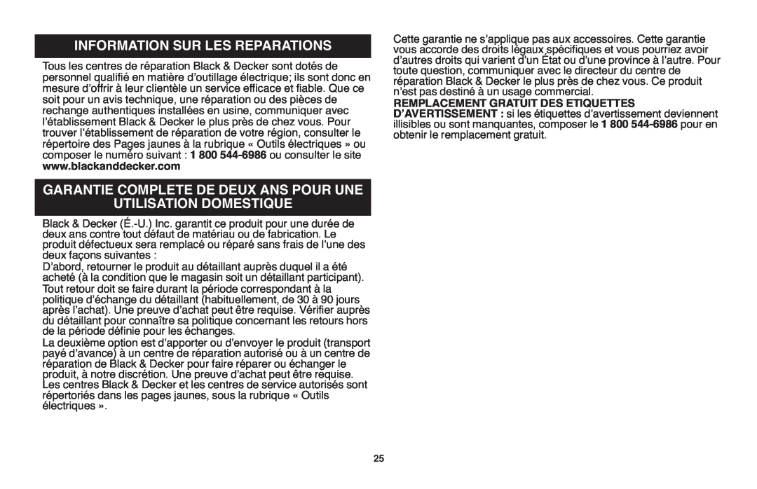 Black & Decker LHT2220 instruction manual Garantie Complete De Deux Ans Pour Une Utilisation Domestique 