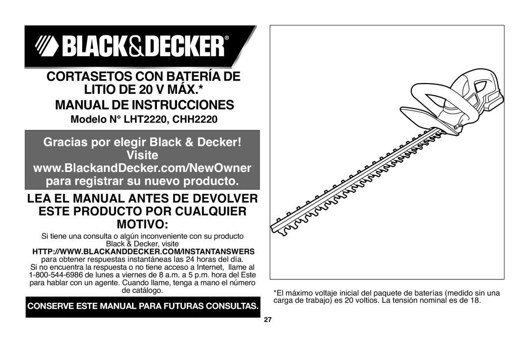 Black & Decker LHT2220 instruction manual CORTASETOS CON BATERÍA DE LITIO DE 20 V MÁX MANUAL DE INSTRUCCIONES 