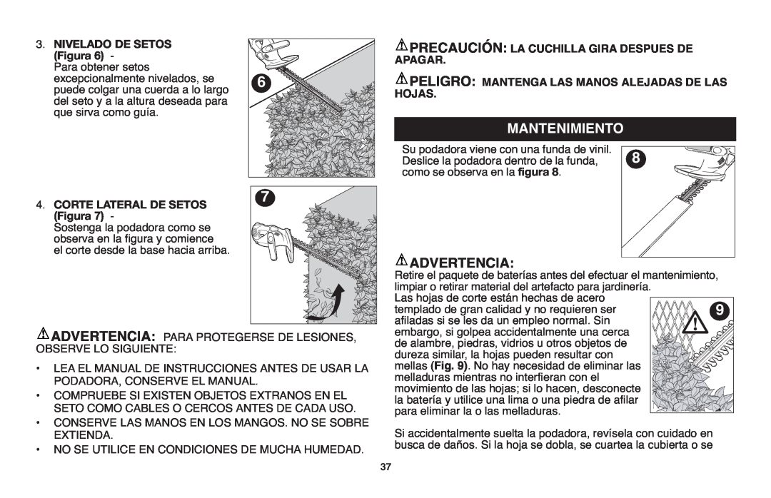 Black & Decker LHT2220 instruction manual Mantenimiento, Advertencia, Precaución La Cuchilla Gira Despues De, Apagar, Hojas 
