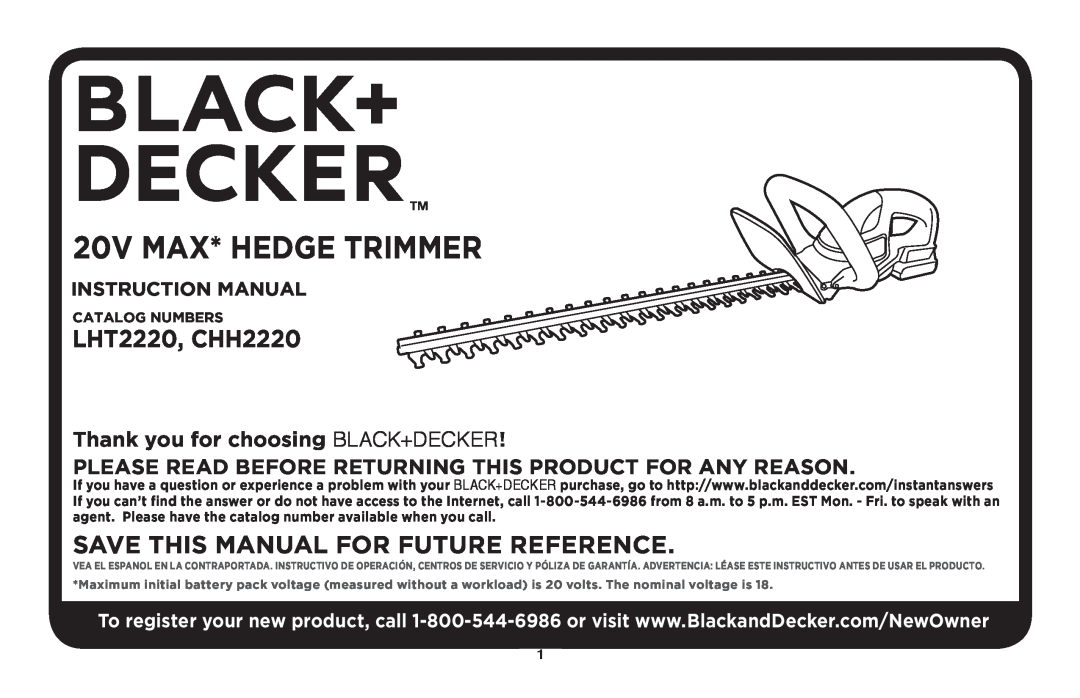 Black & Decker LHT2220B instruction manual LHT2220, CHH2220, Save this manual for future reference, 20V MAX* hedge trimmer 